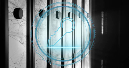 Displaying neon blue key icon within concentric circles in datacenter with racks and network mesh....