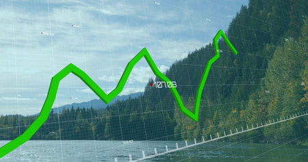 Charting green zigzag line graph over translucent grid on lake and forest view, showing data labels. Scenic, nature, landscape, data visualization, analytics, tranquility, harmonyの写真素材