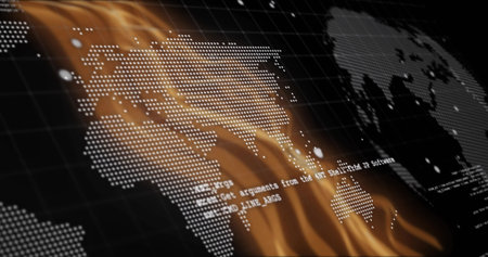 Sweeping stylized dotted world map displaying flame effect overlay on dark grid, with floating code....