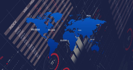 Displaying stylized blue world map with data points on computer display, with bar and gauge charts. Dashboard, data visualization, analytics, international, technology, control room, digital interfaceの写真素材