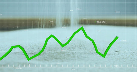 Displaying green line graph varying over pale grid overlay on blurred gray surface, numeric labels. Technology, analytics, data visualization, dashboard, business intelligence, digital interface, modernの写真素材