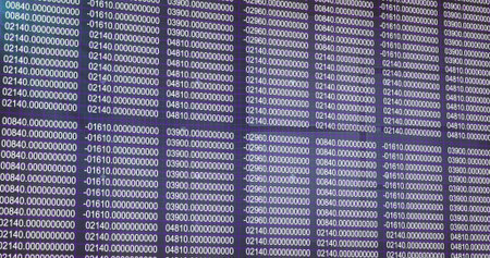 Displaying numeric grid filling dark office desk monitor display, with seven decimal values. Technology, data visualization, finance, analytics, digital, modern, precisionの写真素材