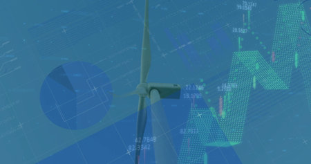 Displaying modern wind turbine in digital dashboard, with pie chart, candlestick and trend arrow....