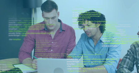 Collaborating men reviewing code on silver laptop in conference room, with floating code blocks. Professional, teamwork, innovation, modern, technology, brainstorming, digitalの写真素材