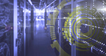Server racks extending down data center aisle, with cables overhead and LED lights, digital overlay....