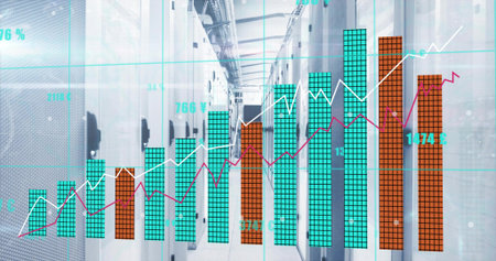 Displaying overlay with bar and line graphs floating across data center aisle, with server racks....