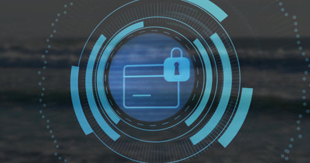Showing security interface over ocean waves, with card icon, padlock, HUD circles and binary code....
