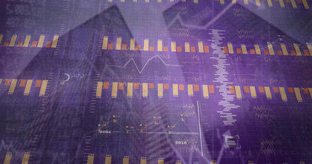 Overlaying skyscrapers with bar charts and grid overlay in urban skyline, with numeric readouts. Futuristic, technology, finance, data visualization, urban, digital, businessの写真素材