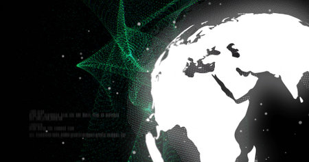 Displaying white globe overlaying green mesh particle dots and text patterns in network, copy space. Futuristic, technology, digital, network, data, abstract, innovationの写真素材