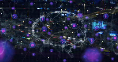 Displaying glowing digital brain network over nighttime highway, with faint grid, purple hex icons....