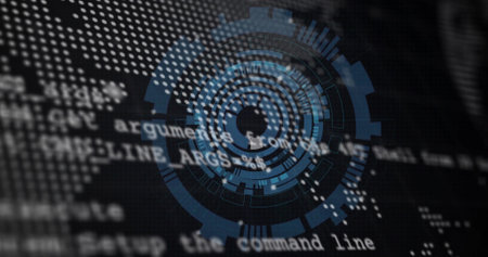 Blue circular interface overlay hovering in digital interface, with white code text and dotted map. Technology, cybersecurity, data visualization, interface, futurism, digital environment, networkの写真素材