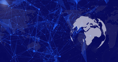 Showing globe over Africa, Europe in cyberspace, with map nodes and glowing blue lines, copy space. Futuristic, global, connectivity, digital, network, technology, abstractの写真素材