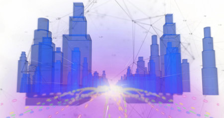 Displaying cityscape receding toward horizon, with blue towers, network nodes and particle trails. Futuristic, digital, abstract, technology, connectivity, cyber, blueprintの写真素材