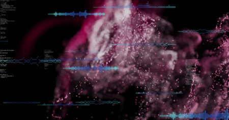 Animating pink cloud swirling in virtual cyberspace, with blue audio waveforms and code snippets....