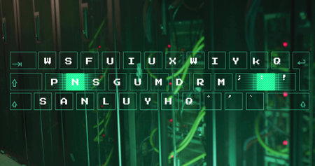 Keyboard overlay highlighting N apostrophe keys in server room, with racks switches cables LEDs. Technology, data, connectivity, cybersecurity, digital, innovation, networkの写真素材