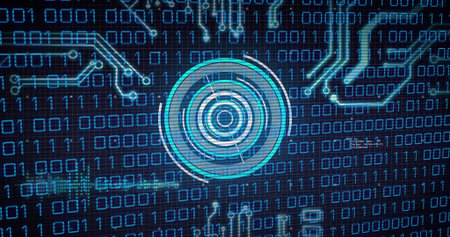 Scanning central circular target on virtual security interface, with binary streams and neon traces....
