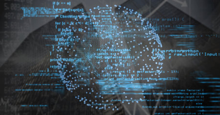 Pulsating glowing data point cluster forming sphere in digital network, with floating code snippets. Futuristic, technology, visualization, digital, abstract, innovation, cyberの写真素材