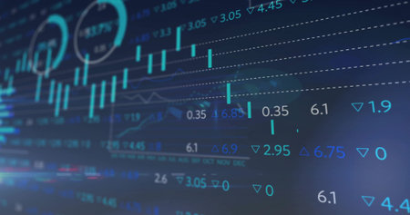 Displaying chart on trading dashboard, with candles, line graph, data labels, arrows and grid lines....