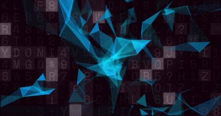 Radiating cyan polygonal mesh linking nodes against dark alphanumeric backdrop, with hashed squares. Geometric, digital, futuristic, technology, abstract, connectivity, innovationの写真素材