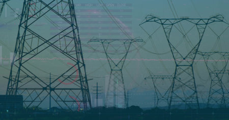 Displaying steel pylons stretching power lines across dusk land, featuring building, chart overlay. Infrastructure, technology, transmission, energy, industry, futurism, data visualizationの写真素材