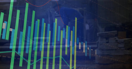 Overlaying financial chart on office desk, with electronics showing bars, trendline, cables, boards....
