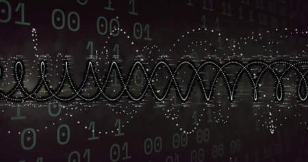 Flowing white dotted waveform across digital field, with white data blocks and green binary digits....