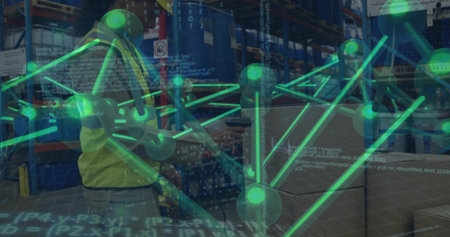 Pushing staff in vest navigating warehouse aisle using pallet jack with boxes and network overlay....