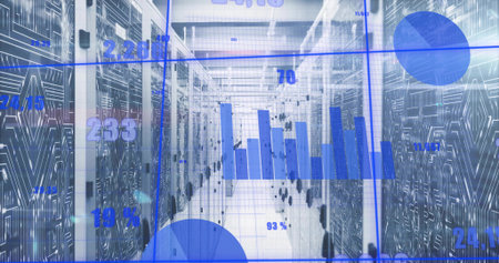 Illuminating server room aisle displaying server racks, featuring live analytics overlay....