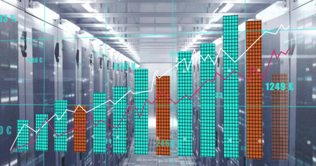 Projecting translucent digital bar and line graphs across server room corridor, with LED panels....