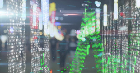 Projecting green dotted arrow over stock market data on night city street with candlestick bars. Technology, finance, urban, futuristic, data visualization, innovation, nightscapeの写真素材