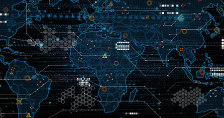 Displaying world map overlay in UI, featuring hex clusters, connector lines and binary streams....