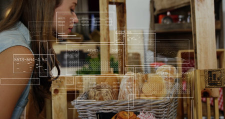 Woman in denim top grabbing produce from wicker basket in market, with digital overlays, copy space. Fresh produce, market shopping, sustainable, rustic, digital technology, organic, healthy lifestyleの写真素材