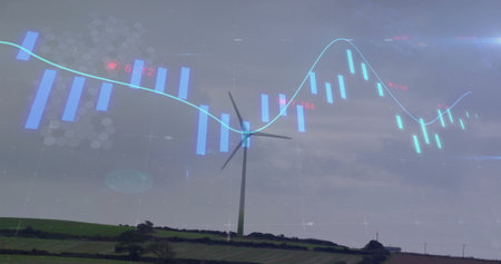 Framing solitary wind turbine towering over rural farmland with candlestick bars and line graph....