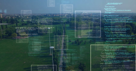 Displaying code windows hovering above walkway in urban park, with lamp posts and trees. Scenic, modern, digital, professional, vibrant, outdoor, minimalistの写真素材