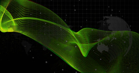 Flowing neon-green wave mesh moving across black grid, with light-gray dots and globe outline....