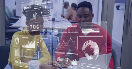 Collaborating colleagues analyzing holographic data displays at open-plan desk, with laptop phone. Technology, innovation, teamwork, digital, workspace, modern, communicationの写真素材