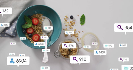Showing bowl holding yogurt and granola on table, jar, bottle with straw, overlay icons, copy space. Minimalist, healthy, fresh, vibrant, wellness, nutrition, lifestyleの写真素材