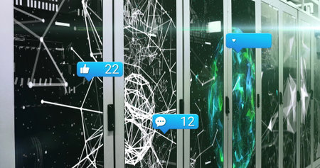 Projecting wireframe head and social media bubbles on server racks in data center with LED lights. Technology, networking, cybersecurity, innovation, digital, futuristic, infrastructureの写真素材
