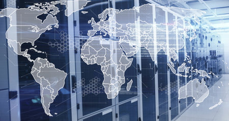 Highlighting server racks showing blinking lights and cables in data center with world map overlay....