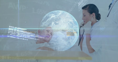 Examining lab-coated doctor using stethoscope on patient chest in exam room, with holographic globe....