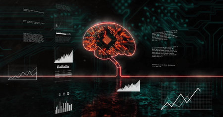 Displaying neon-red circuit-brain icon in digital platform, with red line, charts and code....