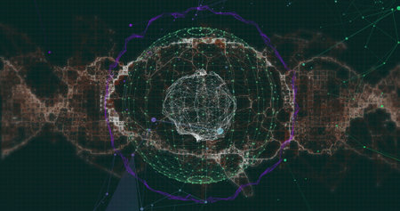 Animating central wireframe sphere sending data rings and nodes on control interface, with map grid....
