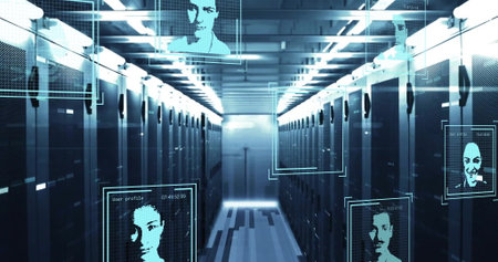 Showcasing corridor within data center, with holographic UI panels and glowing server racks....