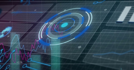 Displaying futuristic HUD with concentric rings, dot in dark grid space, bar charts and line graphs....