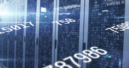 Streaming data overlays crossing data center aisle with server cabinets glass doors blinking LEDs....