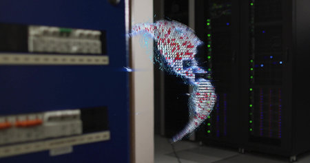 Displaying holographic digital globe floating in server room, with racks and network switches....