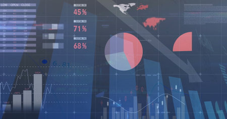 Displaying dashboard at trading platform with table headers, data charts, pie chart and heatmap. Analytics, data visualization, financial, digital interface, industry, business, technologyの写真素材