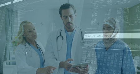 Reviewing encrypted patient data on tablet by team in scrubs in hospital corridor with code overlay....