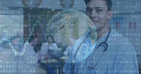 Male doctor wearing stethoscope studying globe with binary code and line graphs in lab, copy space....