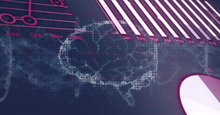 Displaying wireframe brain network at futuristic interface, with magenta bar chart and pie chart. Futuristic, data visualization, technology, neuroscience, analytics, innovation, digitalの写真素材